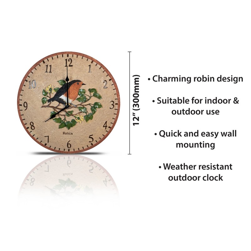 Robin Design Outdoor/Indoor Wall Clock. Garden, Patio Clock. Outdoor Clocks.
