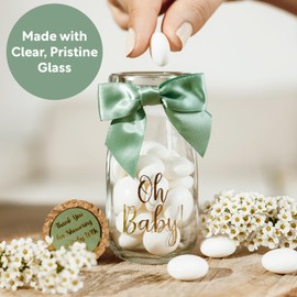 Ethisa Small 24 Pack Oh Baby Woodland Milk Glass Bottles with Ribbons and Stickers - Vintage Baby Shower Favors for Guests and Table Centerpieces - Gender Neutral Eucalyptus Decorations - Safari Theme
