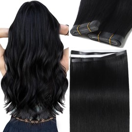 Caliee Long Tape Weft Hair Extensions Jet Black 16 Inch Thick Ends Straight Tape in Hair Extensions Human Hair Black Women One Piece Soft 50 Gram Weft Width 31.5" (80cm)