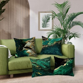LOHDALOLF Emerald Green Gold Cushion Covers 45x45 cm Set of 4 Green and Gold Marble Cushion Cases Luxury Abstract Decorative Pillow Covers for Couch Sofa Living Room