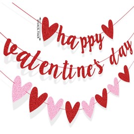 Valentines Decorations Hanging Heart Garlands Banners, Happy Valentines Day Glitter Red Pink Heart Banner Romantic Hanging Ornaments Valentines Day Party Home School Room Wall Ceiling Decor