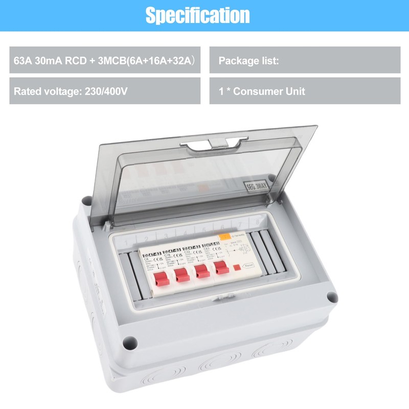 IP65 Electrical Distribution Box 63A RCD with 3 MCBs 6A