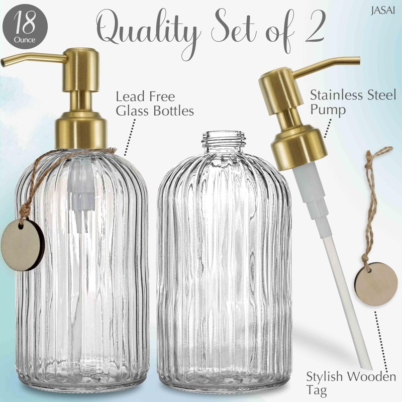 JASAI 2PACK 18Oz Fluted Glass Soap Dispenser with Golden Rust