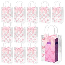 Linkidea 12 Clear Gift Bags with Pink Bows, Includes 25 Adhesive Dots and 12 Lilac Ribbon Bows, Suitable for Party Favors, Wedding Gifts, Holiday Packaging, Birthday