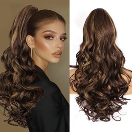 ZQIAN BEAUTY 24 Inch Ponytail Extension, Clip on Ponytails for Women, Long Curly Wavy Ponytail Extensions for Women, Synthetic Layered Pony Tails Hair Extensions (Color: Brown with Blonde Highlights)