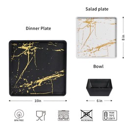 Yummost Melamine Dinnerware Set for 4, 12pcs Square Dishes Set, Plates and Bowls Set for Daily Use, Unbreakable, Dishwasher Safe, Black and White
