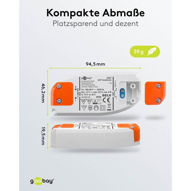 LED Slim Transformer 12V DC 0.5-8W, IP20, Transformer