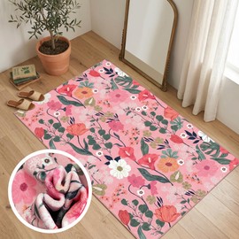 WQMMD Washable Area Rug 60x90cm Pink Floral Pattern Short Pile Non-Slip Carpet,Pink Flower Design, Small Rugs for Bedrooms for Front Door Entryway Hallway Bedroom Welcome Mat kitchen