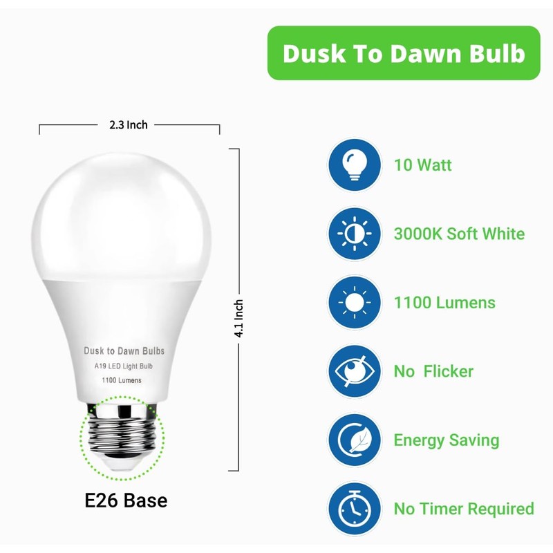 6-Pack Dusk to Dawn Light Bulbs Outdoor, A19 LED Photocell