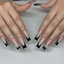 24Pcs French Tips Press on Nails Long Fake Nails Coffin Nail Tips Full Cover Acrylic Glue on Nails with Charms Bling Butterfly Rhinestone False Nails Black Tip Nude Pink Stick on Nails for for Women