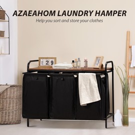 Azaeahom 3 Section Laundry Basket for Dirty Clothes Storage,Laundry Hamper with Shelf,3×12.3Gal,Laundry Sorter,Pull-Out Removable Laundry Bags for Laundry Room Organization and Storage,Brown