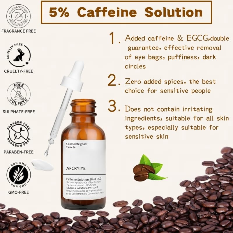 AFCRYIYE New Caffeine Solution 5%+ EGCG, Facial Caffeine Eye Serum,