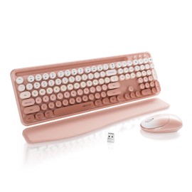 FCPLU xUBOTIE Wireless Keyboard and Mouse, Colorful 104-Key QWERTY with Round Keys, Phone Holder, Wrist Rest, Power Buttons, 2.4GHz USB for PC Laptop(Peach Gradient)