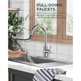 FORIOUS Kitchen Faucets, Chrome Kitchen Faucet with Pull Down Sprayer, Traditional Stainless Steel Kitchen Sink Faucet with Deck Plate, Single Handle Faucet for Kitchen Sink, Farmhouse Camper RV Bar