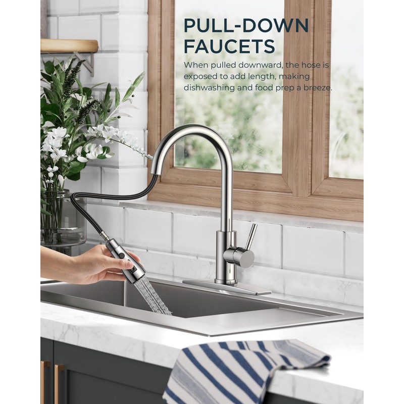 FORIOUS Kitchen Faucets, Chrome Kitchen Faucet with Pull Down Sprayer,