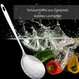 Kerafactum Schaumkelle Frittierkelle Schaumlöffel Lochkelle Abseiher Schaum Löffel zum Frittieren Abtropflöffel Abtropfkelle Edelstahl Kelle Abschäumer Simmer 32 cm Kloßlöffel hochglänzend