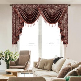 VOGOL European Style Velvet Valances, Gold Textured Print Rod Pocket Swag Valance with Shining Beaded, Thermal Insulated Curtain Panels for Living Room, W59, 1 Piece