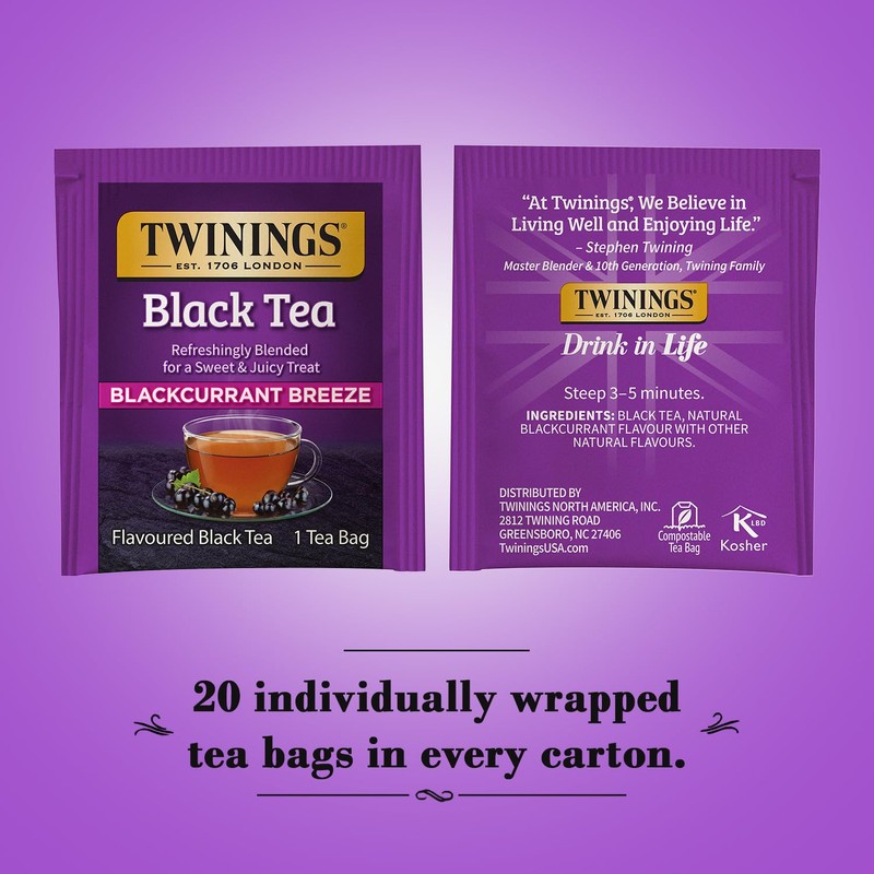 Twinings Blackcurrant Breeze Black Tea Individually Wrapped Bags, 20 Count