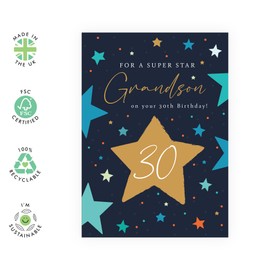 CENTRAL 23 30th Birthday Card - 'Superstar Grandson 30th' - Gifts for Grandchild, Grandkid, Family, Men, Guys, Him from Grandad & Grandma - 30 Years & Stars - Comes with Fun Stickers