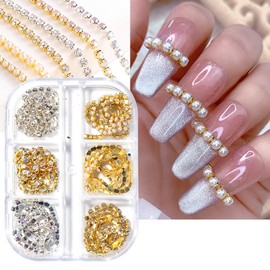 JERCLITY 1 Box 6 Strips Nail Chains for Nail Art Gold Silver Alloy Metal Nail Art Chains Inlay Pearl Rhinestone AB Diamond for Acrylic Nail Art Punk Nail Studs Jewelry Accessories for Women Nail Art