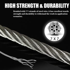 VIVBOO Metal Wire 1/8 inch Carbon Steel Galvanized Cable 50FT Length Aircraft Cable 7x7 Strand Core Picture Hanging Wire with 10 Pcs Thimbles and 20 Pcs Aluminum Sleeves