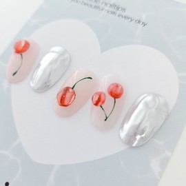 cherry Handmade nail tip water ink cherry nail - Almond Midi / cherry 수제네일팁 물먹 체리네일 - 아몬드미디