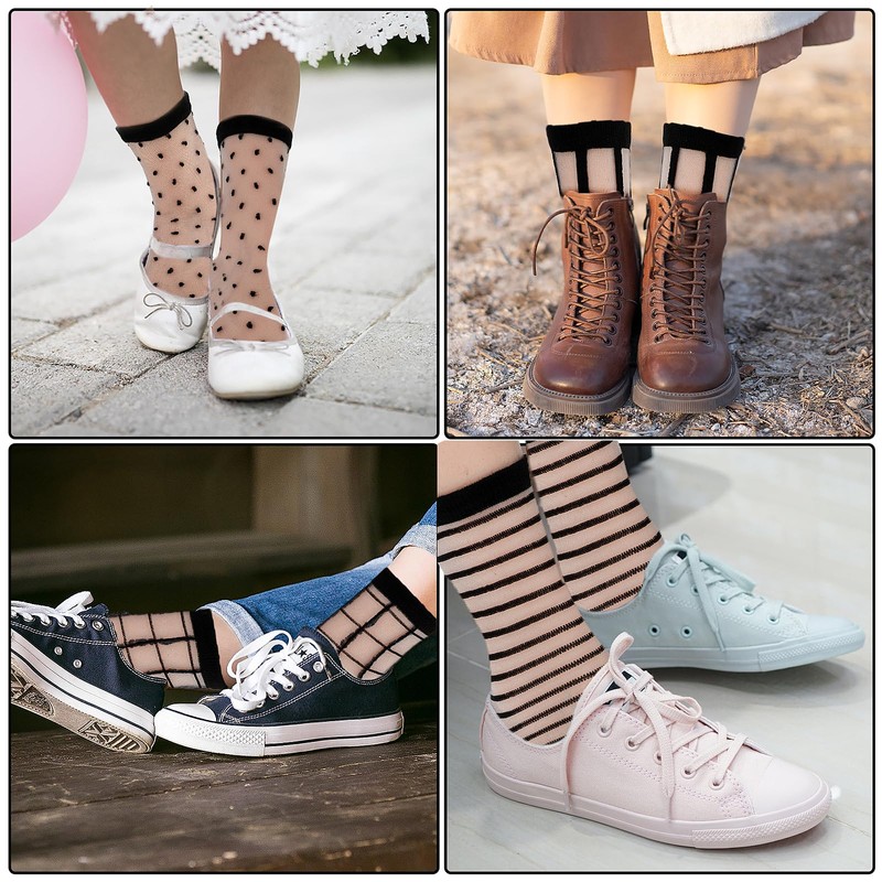 Lusofie 5 Pairs Sheer Socks Black See Through Socks Checkered