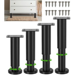 Pack of 4 Furniture Feet, Adjustable Table Legs, Metal Furniture Legs, Table Feet, Height Adjustable, Furniture Legs for Cabinet, TV Cabinet, Bed, Sofa Feet, Bedside, Chair, Bathroom Cabinet (Black, 8-12 cm)