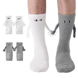 PRAOAHEI 2 Pairs of Magnetic Socks with Hands 42-46 for Men Hand in Hand Socks with Magnetic Arms Funny Silly Gifts Father's Day Birthday Dad Husband Friend Family Partner Couple, Grey and white