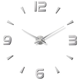 DaLianLian 3D DIY Wall Clock Large Frameless Decor Sticker, Minimalist Design Time Markers, Metal Hands, Silence Quartz Movement, Decoration for Home, Office (Silver)