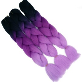 24 Inch Braids Extensions, Jumbo Braids, Synthetic Hair, 3 Bundles, Kanekalon Synthetic Crochet Hair, Braiding Hair, Afro Box Braiding (Black and Purple and Light Purple)