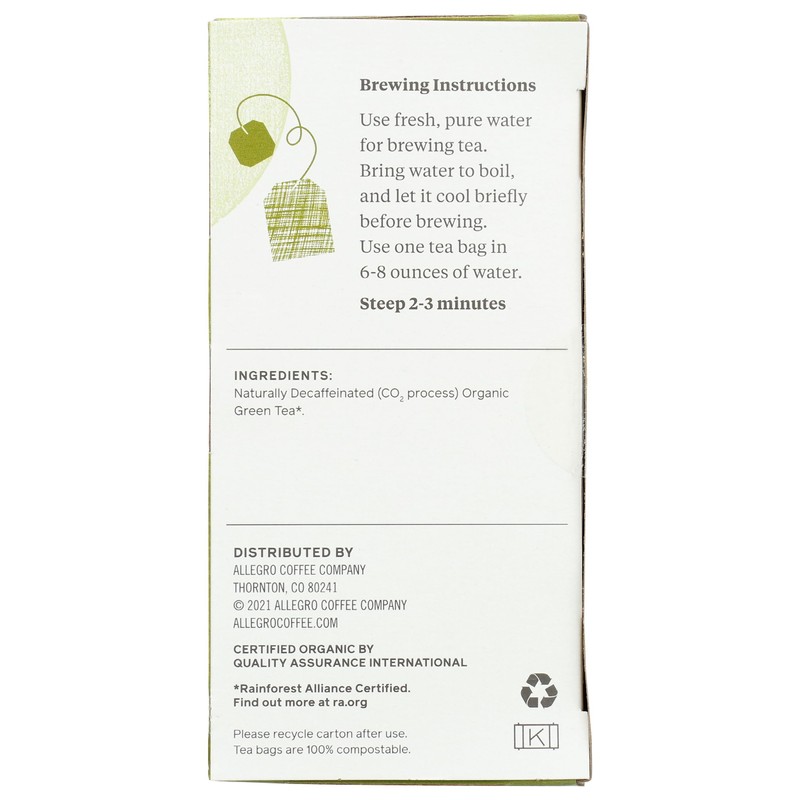 Allegro Tea, Organic Decaf Green Tea Bags, 20 ct