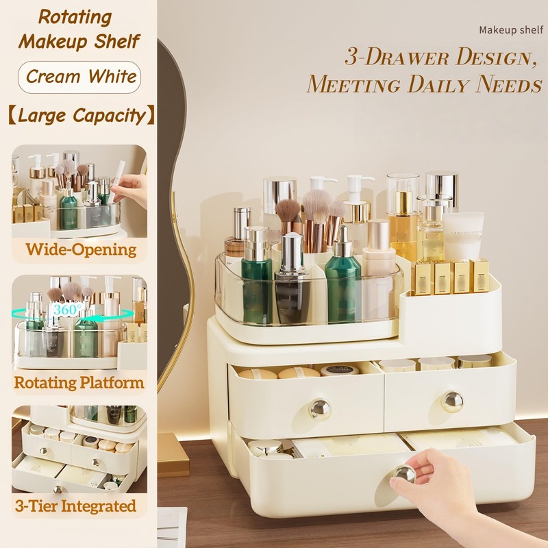Makeup Organizer with Drawers and 360° Rotating Brush Holder,make up