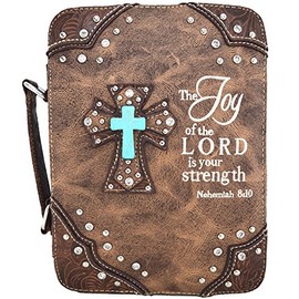 Embroidered Verse Scripture Western Bible Cover Book Carrying Case for Women Extra Strap Crossbody Purse (Brown)