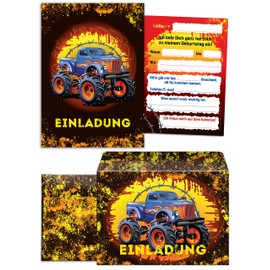 JuNa-Experten Set of 12 Invitation Cards, Envelopes, Bags / Natural, Stickers Children's Birthday Monster Truck Boys Birthday Invitations Invitations