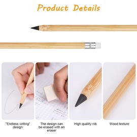 AUAUY Pack of 6 Wooden Inkless Pencils, Infinity Pencil, Reusable Eternal Pencil with Eraser, Erasable Portable Pencil for Writing, Drawing, Students, Home Office, School Supplies