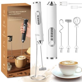 MXCOCO Agitador de Leche 6 en 1 con Base de Soporte, Espumador Eléctrico Recargable con 3 Cabezales de Acero Inoxidable y 3 Velocidades, Batidora de Mano para Espuma de Leche,Capuchino,Huevos,Harina