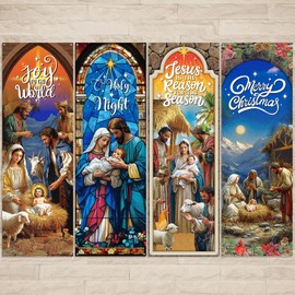 Moukeren 4 Pcs Christmas Church Banners Nativity Scene Banners Backdrops Xmas Religious Hanging Banners Jesus Merry Christmas Decorations for Winter Holiday Sanctuary Home Party Wall Decor Supplies