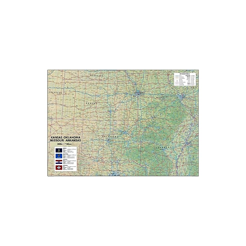 Kansas, Oklahoma, Missouri and Arkansas Poster Map - 23.3 x