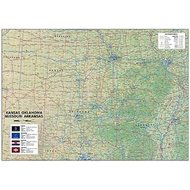 Kansas, Oklahoma, Missouri and Arkansas Poster Map - 23.3 x 16.5 Inches - Paper Laminated