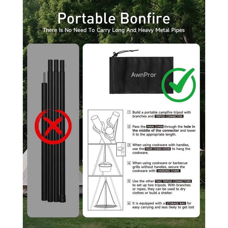 Campfire Tripod,Portable Triangle Grill Camping Tripod for Cooking Fire Pit