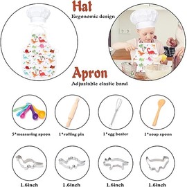 EOGRFW 22Pcs Kids Chef Role Play Costume Set,Toddler Cooking Apron Set,Apron&Chef Hat for Dress Up Chef Costume Play for Kids (Dinosaur)