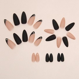 FOLONRAL Almond Press on Nails Medium Fake Nails with Gold Glitter Lines Designs French Tip Nails Press ons Matte Glue on Nails Black Brown Full Cover Artificial Stick on Nails for Women 24Pcs