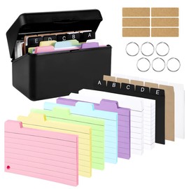 Index Card Box Set, Plastic Organiser with 230 Coloured Flash Cards, 3 A to E Divider Tabs, 6 Rings and 6 Stickers for On The Go Learning Notes, Study Office School Supplies, Recipe Notes Box