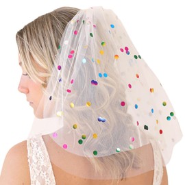 AROCOOY Short Wedding Veil White Rainbow Polka Dots Bridal Veils Colorful Bachelorette Party Veil for Women and Girls