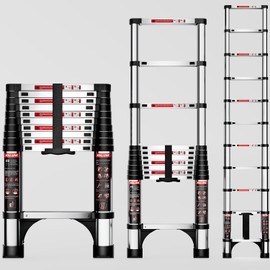 KOLL LINK Telescoping Ladder,10.5 FT Aluminum Lightweight Extension Ladder with 2 Triangle Stabilizers,Multi Purpose RV Ladder EN131 330lbs Max Capacity for Home Attic Roof & Outdoor Work