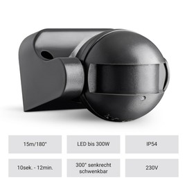SEBSON® Outdoor Motion Detector - Set of 2 - IP54 Surface-Mounted, LED Suitable for HF Sensor, Programmable, 15 m / 180°, Wall Mounting Swivelling 87 x 93 x 60 mm, 3-Wire Anthracite
