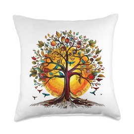 Natur Lebensbaum Yoga Spiritualität Geschenkideen Tree of Life with Fruit, Birds and Sunset Throw Pillow, 18x18, Multicolor
