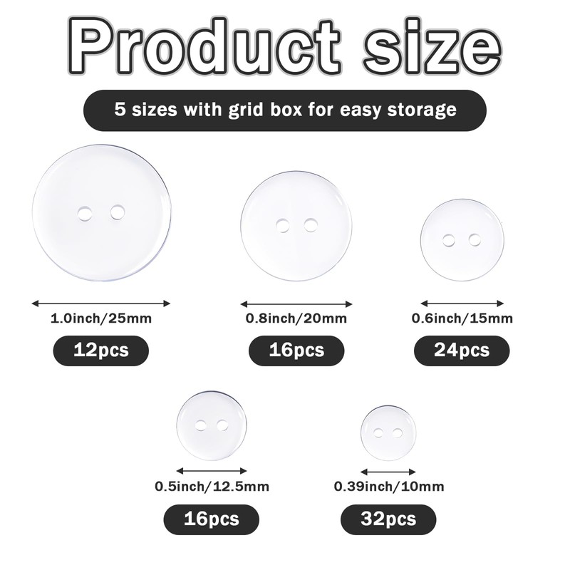 100 Pcs Clear Buttons, Buttons 2 Hole 5 Sizes of