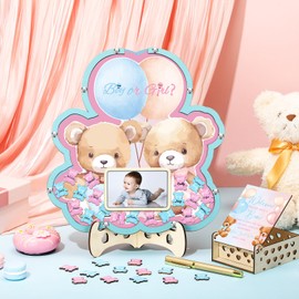 Wenqik 63 Bear Gender Reveal Baby Shower Guest Book Alternatives Set Baby Shower Decorations with Photo Frame Sonogram Frame Keepsake 60 Wood Slices Guest Book for Birthday